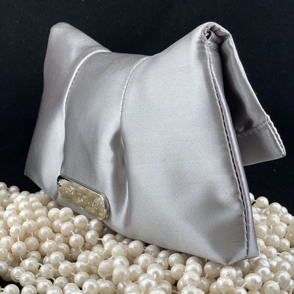 Betsey Johnson Silver Clutch with Rhinestone Bow Gray/Silver Satin with crystals - Picture 12 of 12